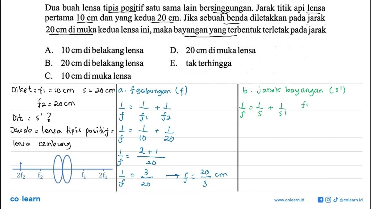 Dua buah lensa tipis positif satu sama lain bersinggungan.