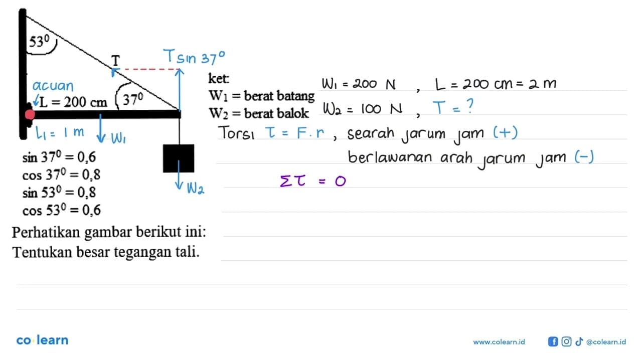 53 L = 200 cm 37 W1 = 200 N W2 = 100 N ket: W1 = berat