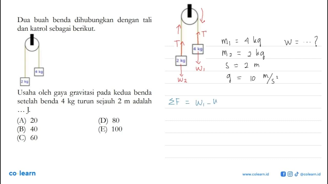 Dua buah benda dihubungkan dengan tali dan katrol sebagai