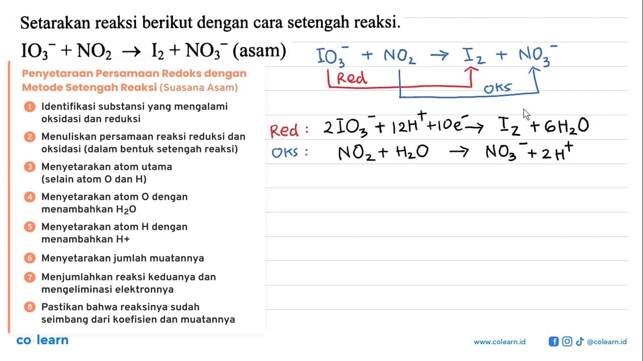 IO3^- + NO2 -> I2 + NO3^- (asam)