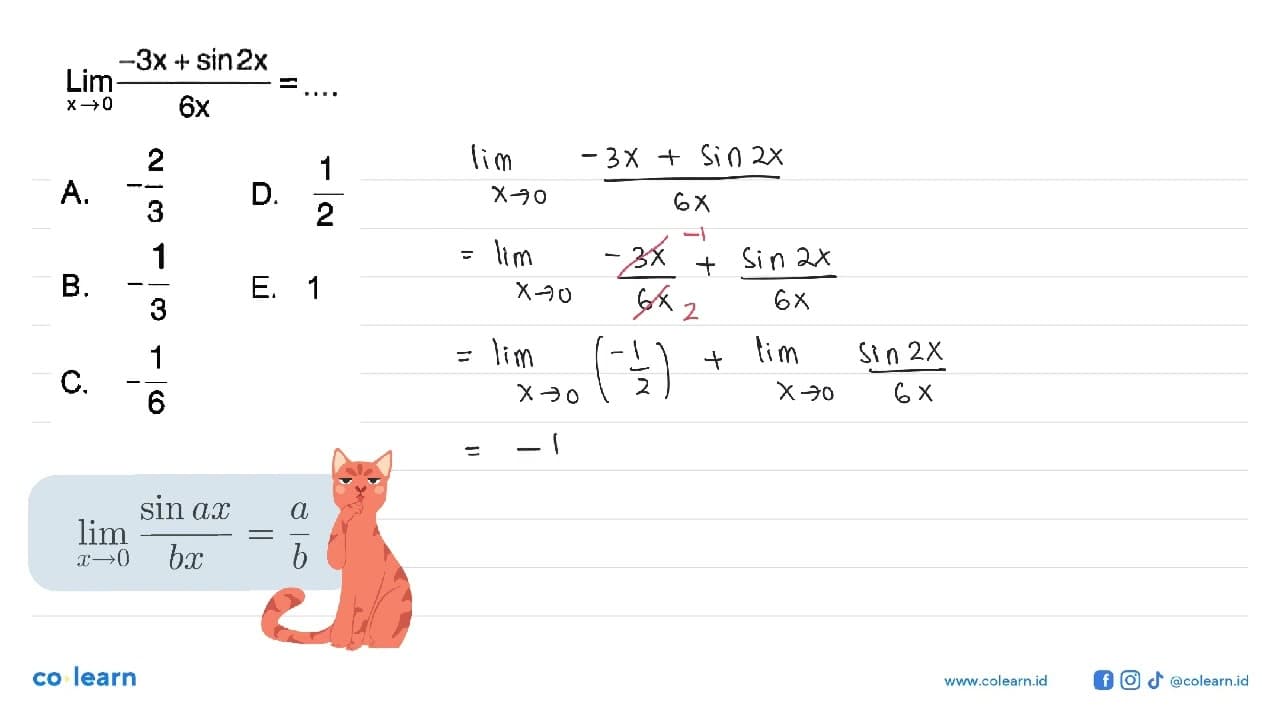 lim x->0 (-3x+sin2x/6x) =