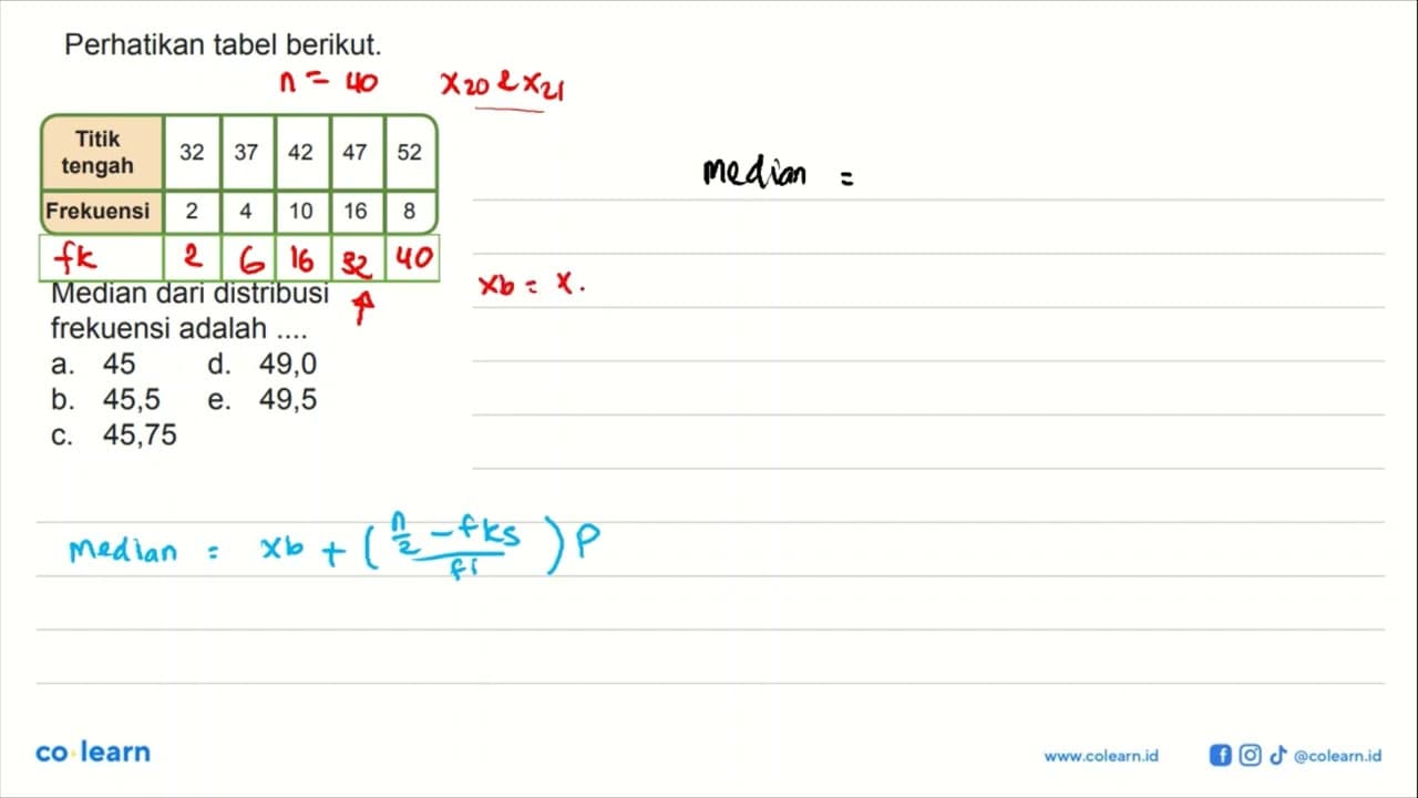 Perhatikan tabel berikut. Titik tengah 32 37 42 47 52