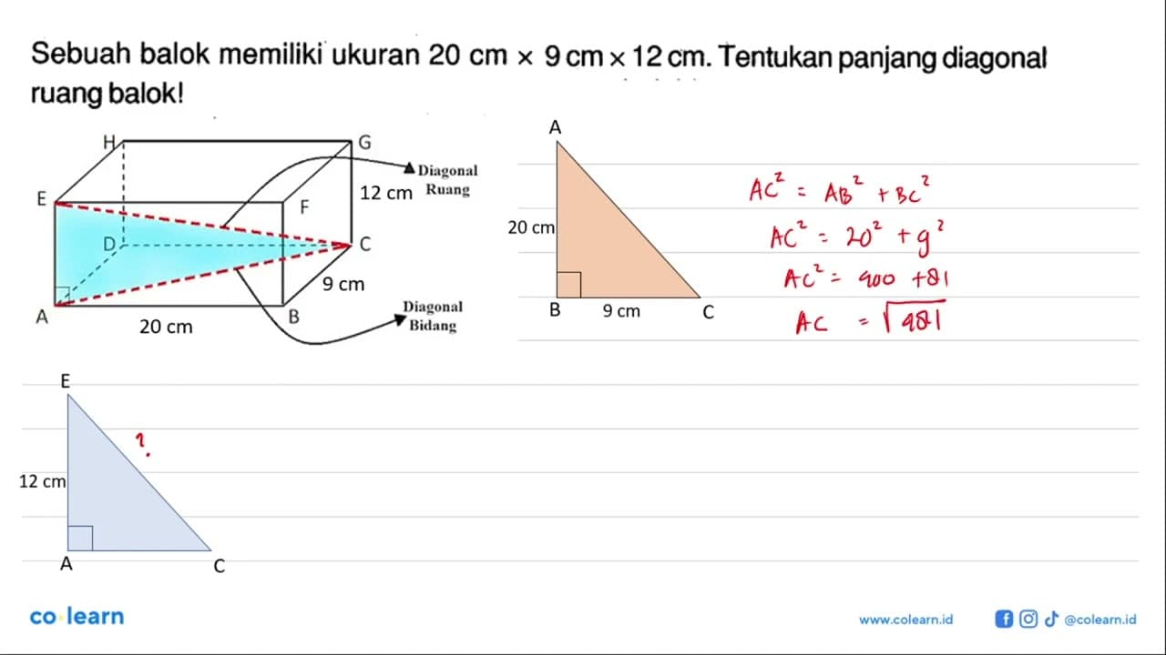 Sebuah balok memiliki ukuran 20 cm x 9 cm x 12 cm. Tentukan