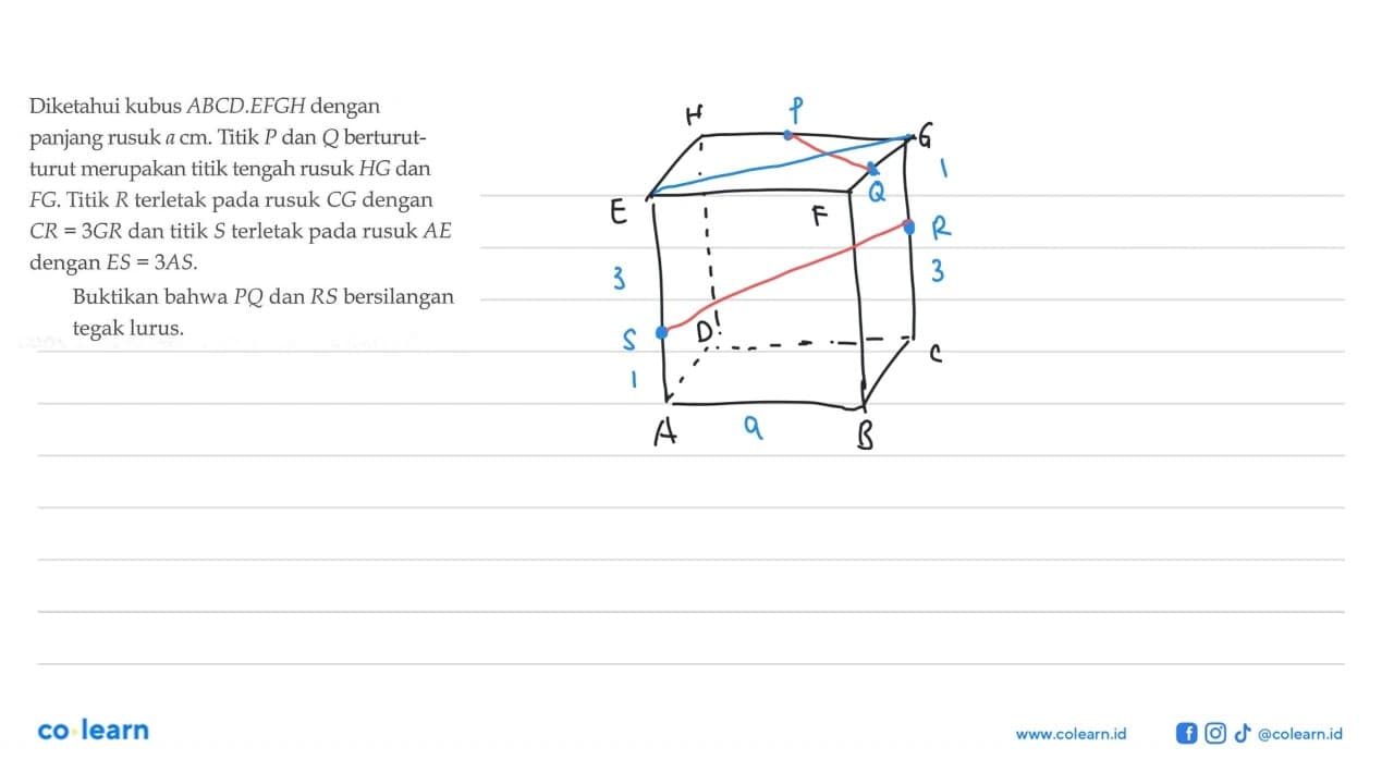 Diketahui kubus ABCD.EFGH dengan panjang rusuk a cm. Titik