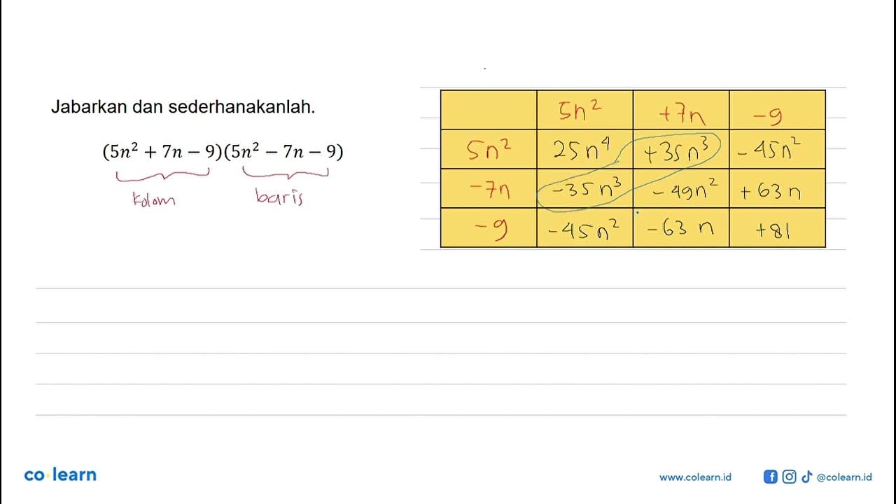 Jabarkan dan sederhanakanlah. (5n^2+7n-9)(5n^2-7n-9)