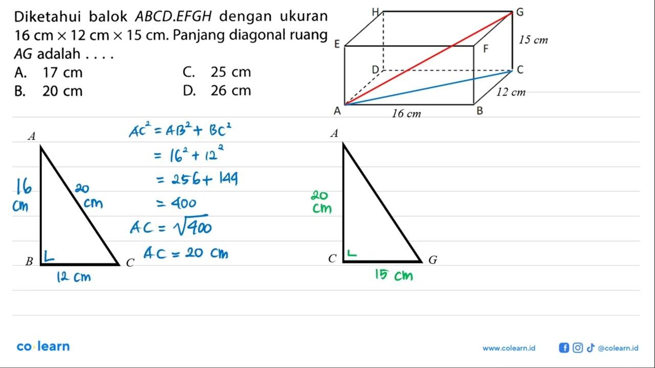 Diketahui balok ABCD.EFGH dengan ukuran 16 cm x 12 cm x 15