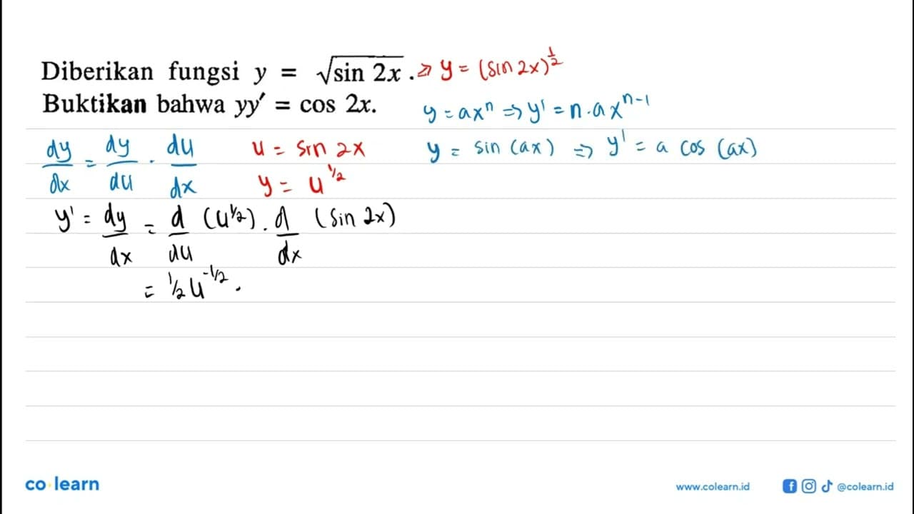 Diberikan fungsi y = (sin 2x)^(1/2). Buktikan bahwa yy' =