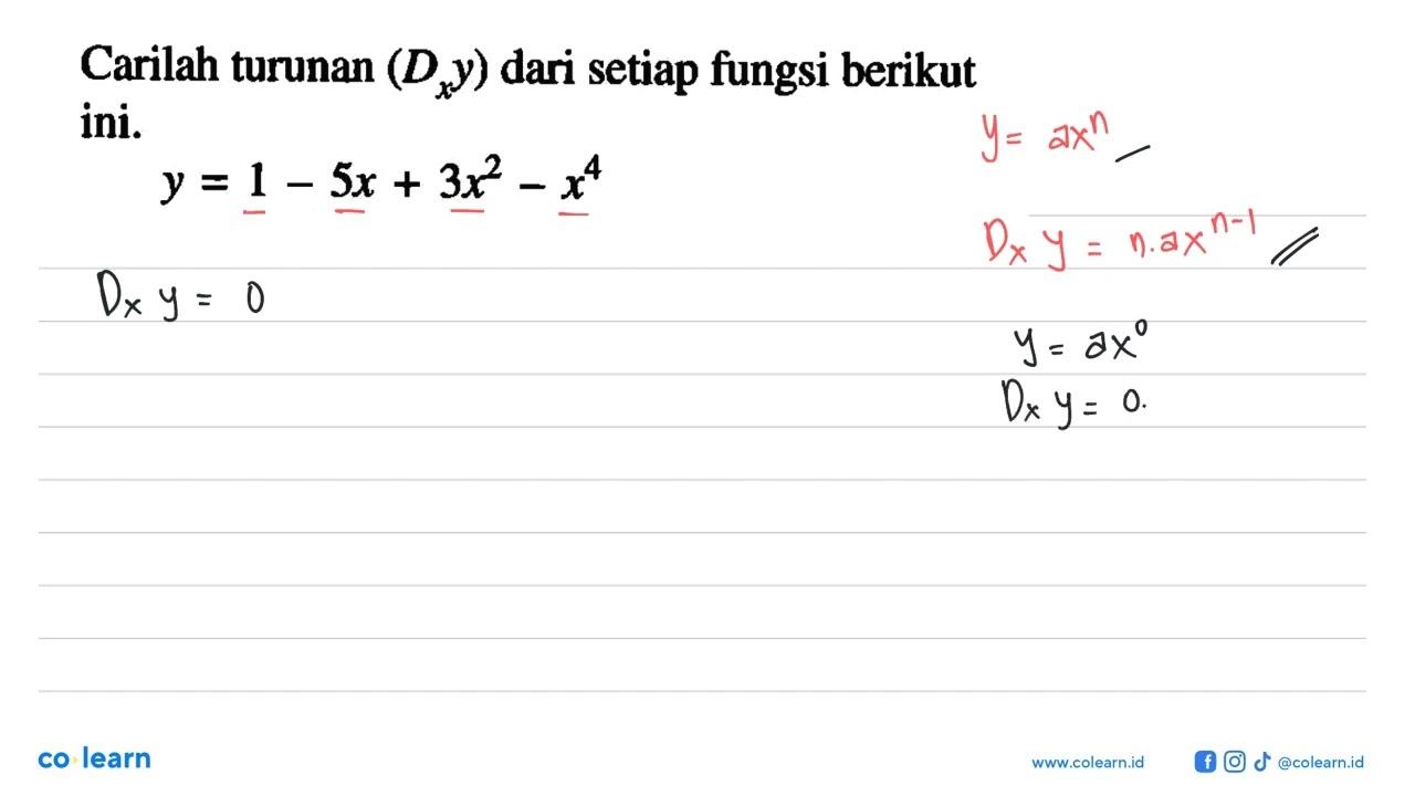 Carilah turunan (Dx y) dari setiap fungsi berikut ini.