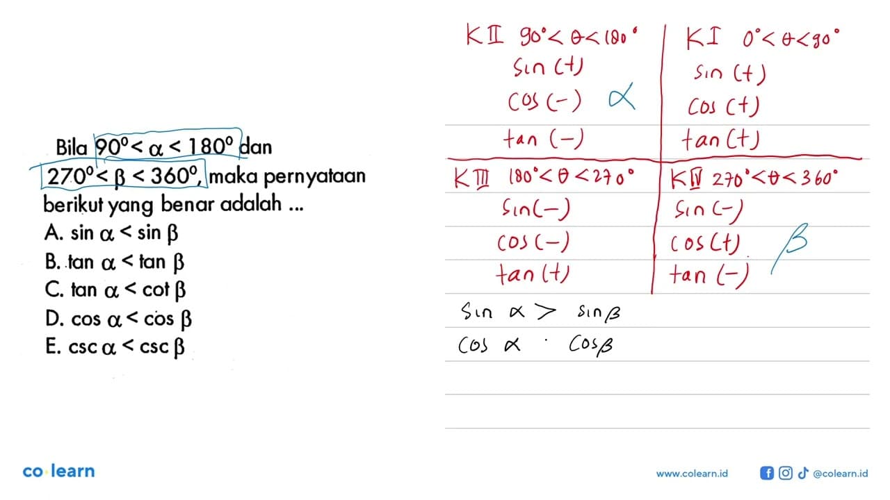 Bila 90<alpha<180 dan 270<beta<360 , maka pernyataan