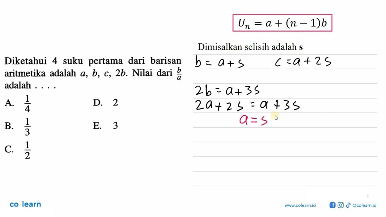 Diketahui 4 suku pertama dari barisan aritmetika adalah a,