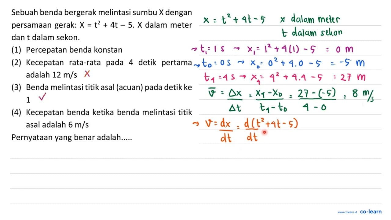 Sebuah benda bergerak melintasi sumbu X dengan persamaan