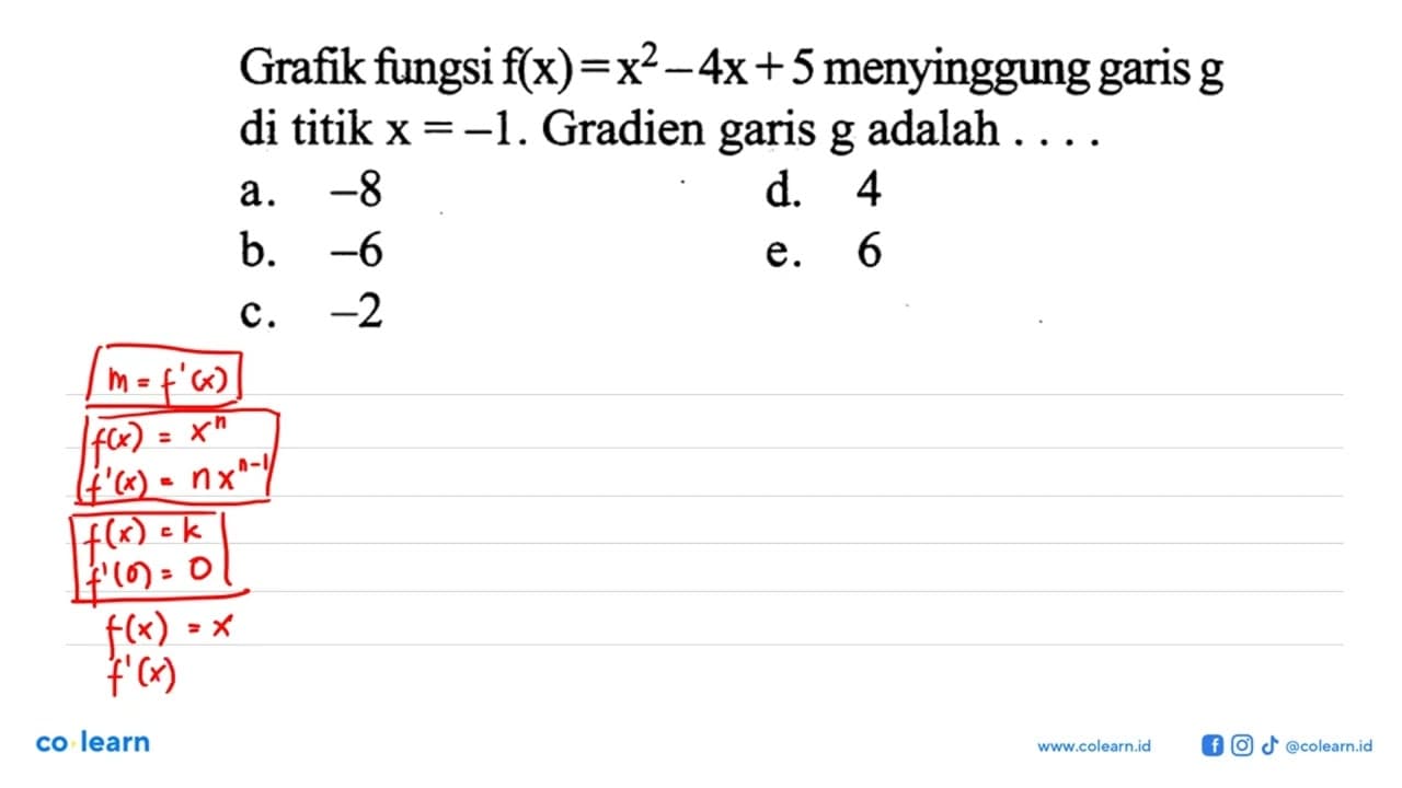 Grafik fungsi f(x)=x^2-4x+5 menyinggung garis g di titik