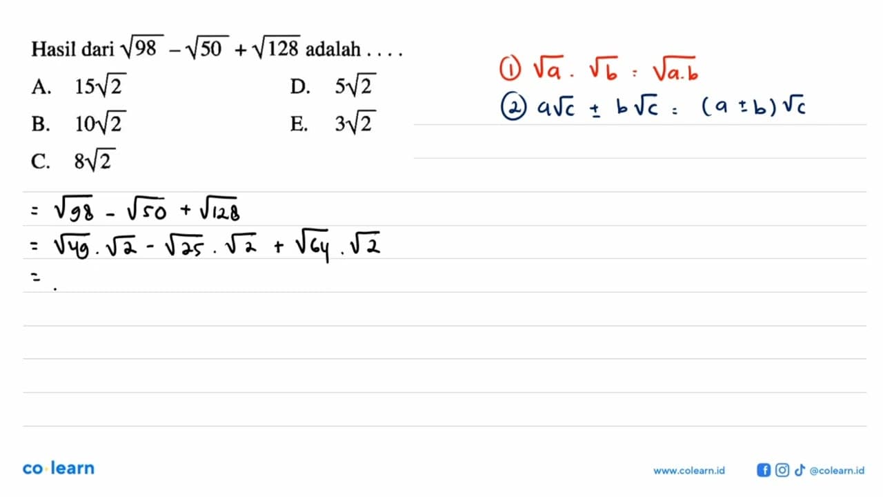Hasil dari akar(98)-akar(50)+akar(128) adalah .....