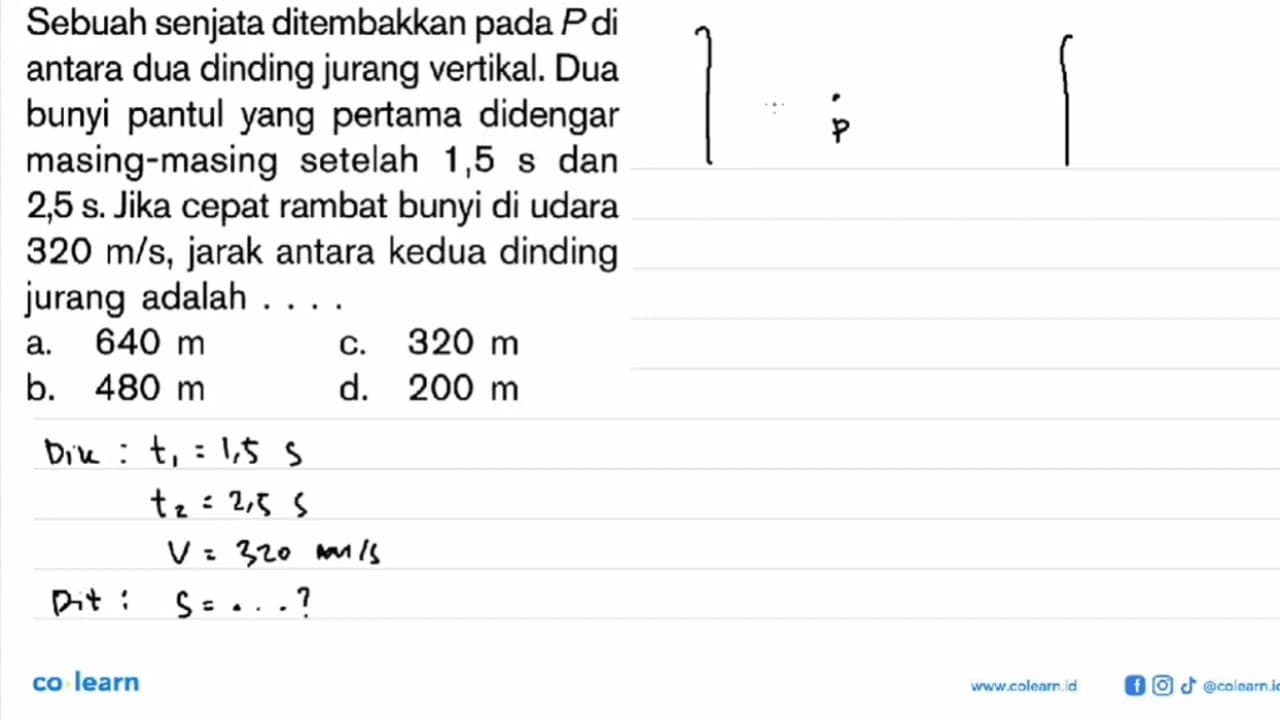 Sebuah senjata ditembakkan pada P diantara dua dinding