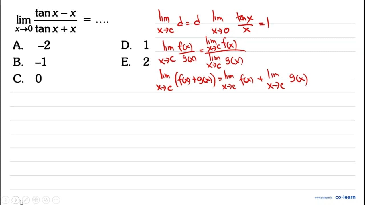 lim x->0 tan x-x/tan x+x=...