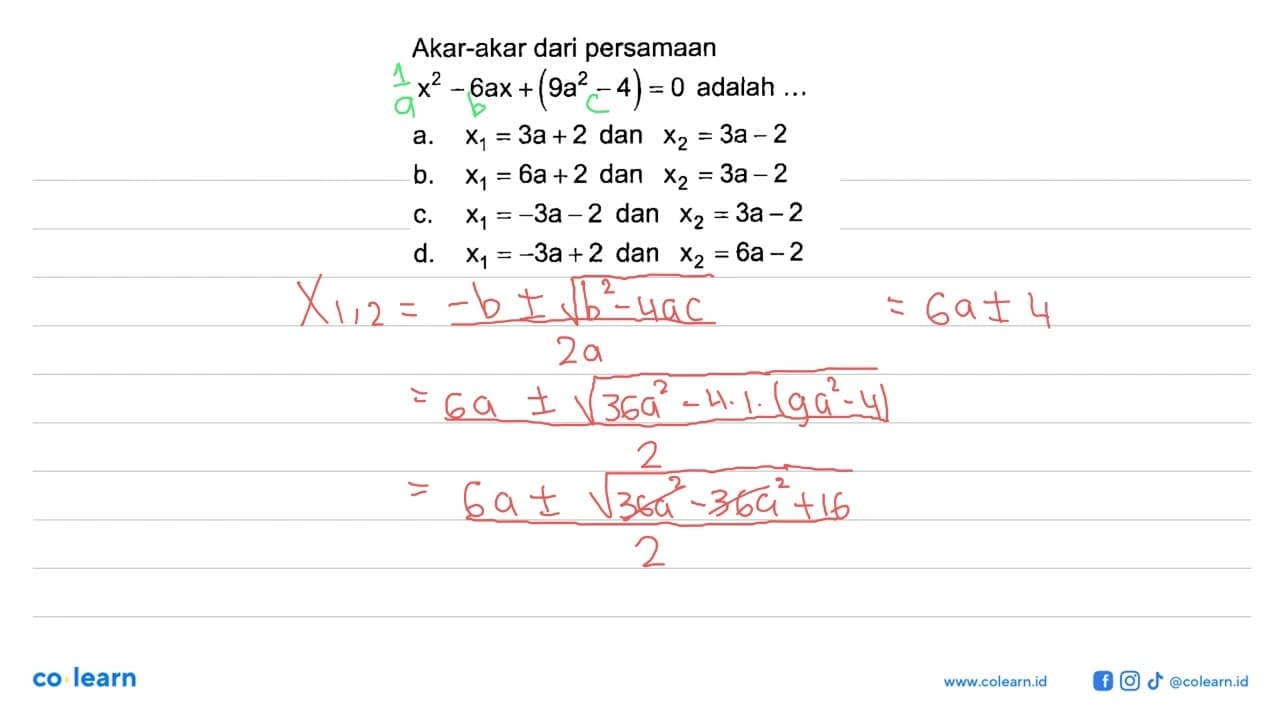 Akar-akar dari persamaan x^2 - 6ax + (9a^2 - 4) = 0