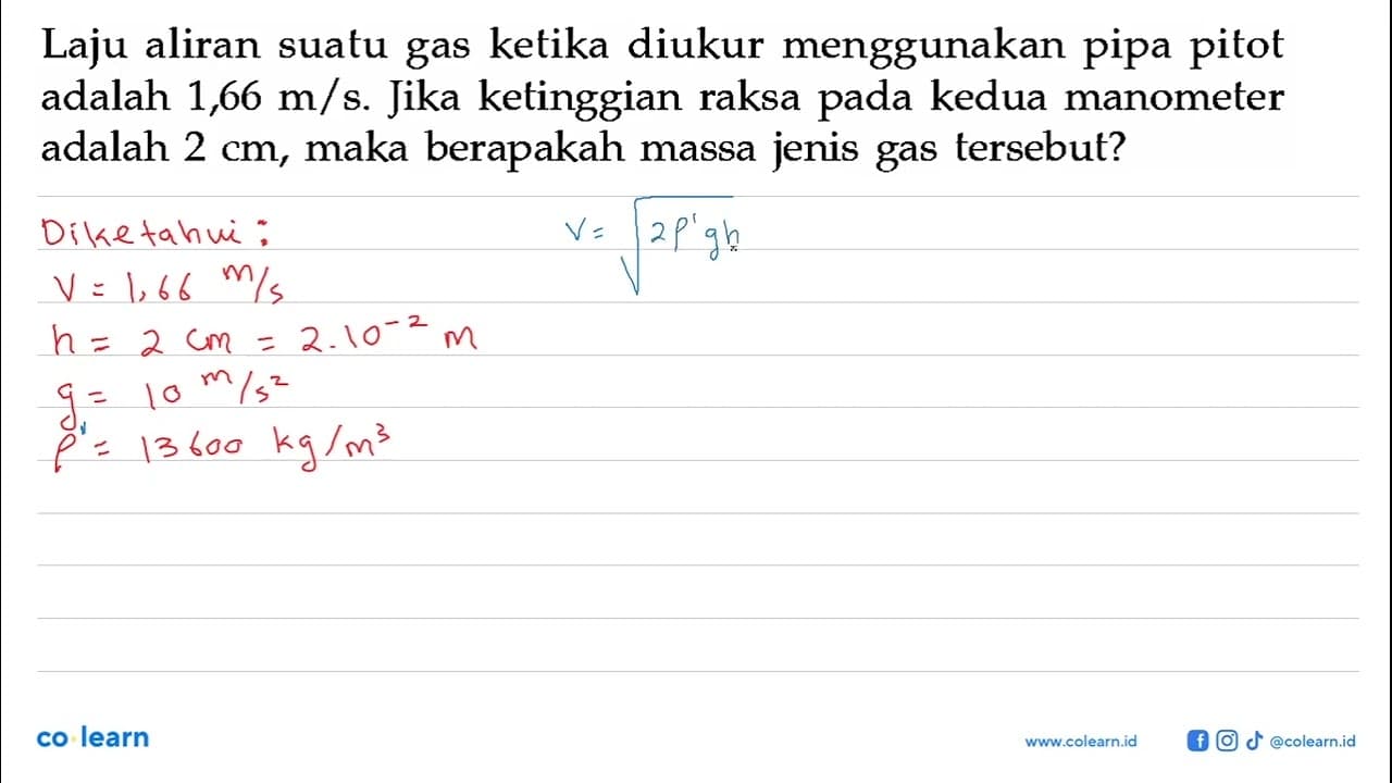 Laju aliran suatu gas ketika diukur menggunakan pipa pitot