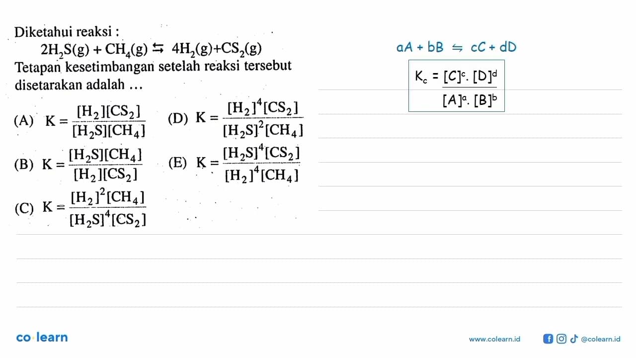 Diketahui reaksi : 2H2S(g) + CH4(g) <=> 4H2(g) + CS2(g)