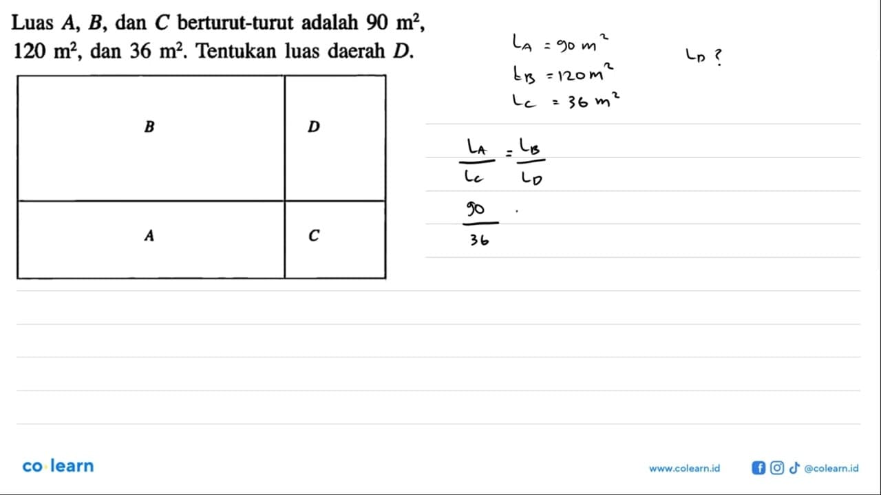 Luas A, B, dan C berturut-turut adalah 90 m^2, 120 m^2, dan