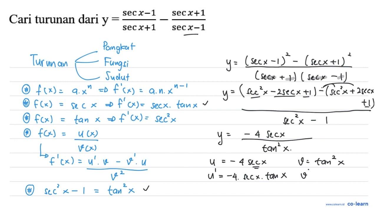 Cari turunan dari y = ((sec(x)-1)/(sec(x)+1)) -