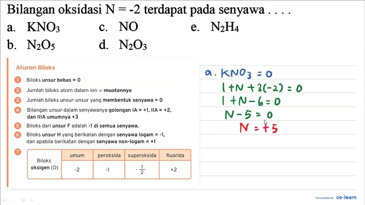 Bilangan oksidasi N=-2 terdapat pada senyawa ... a. KNO3 c.