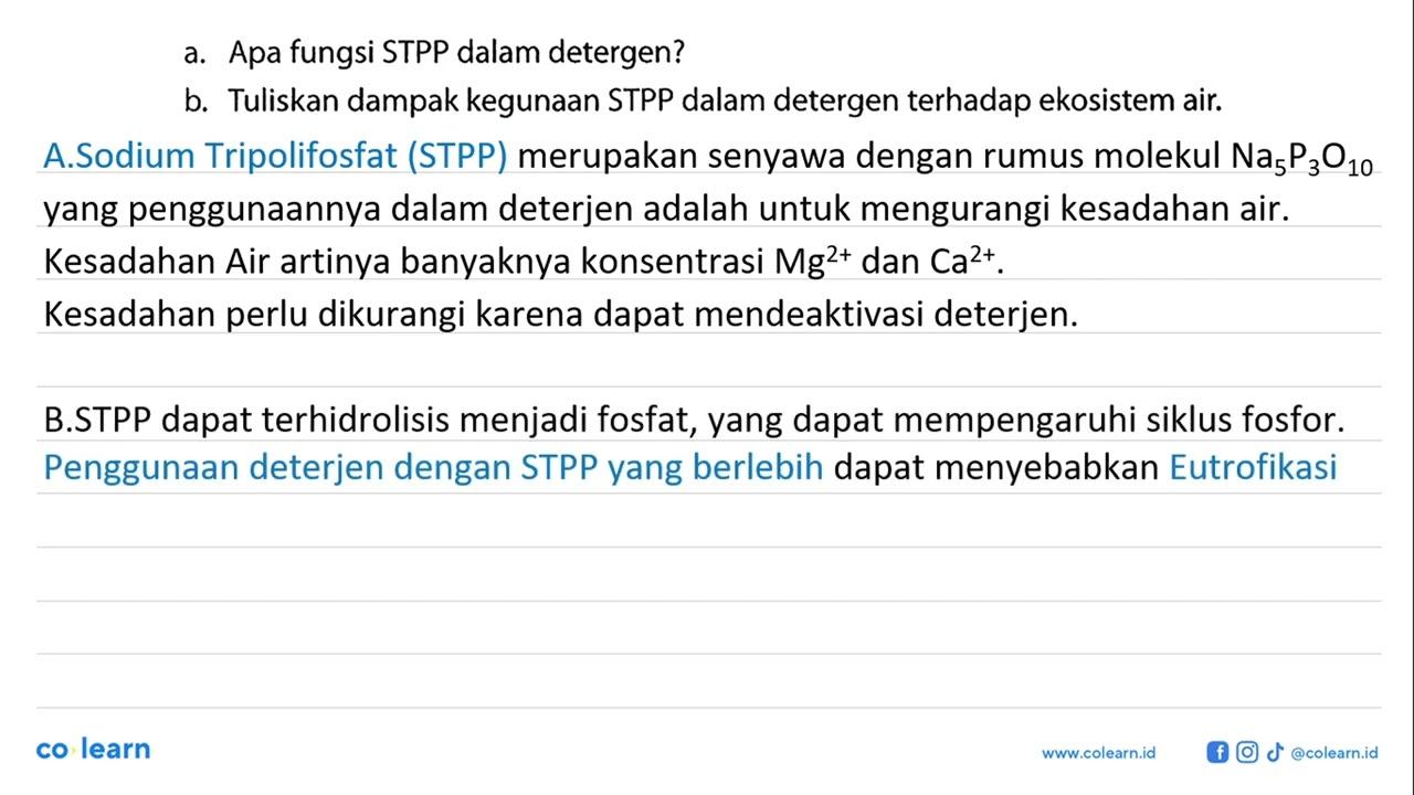 a. Apa fungsi STPP dalam detergen? b. Tuliskan dampak