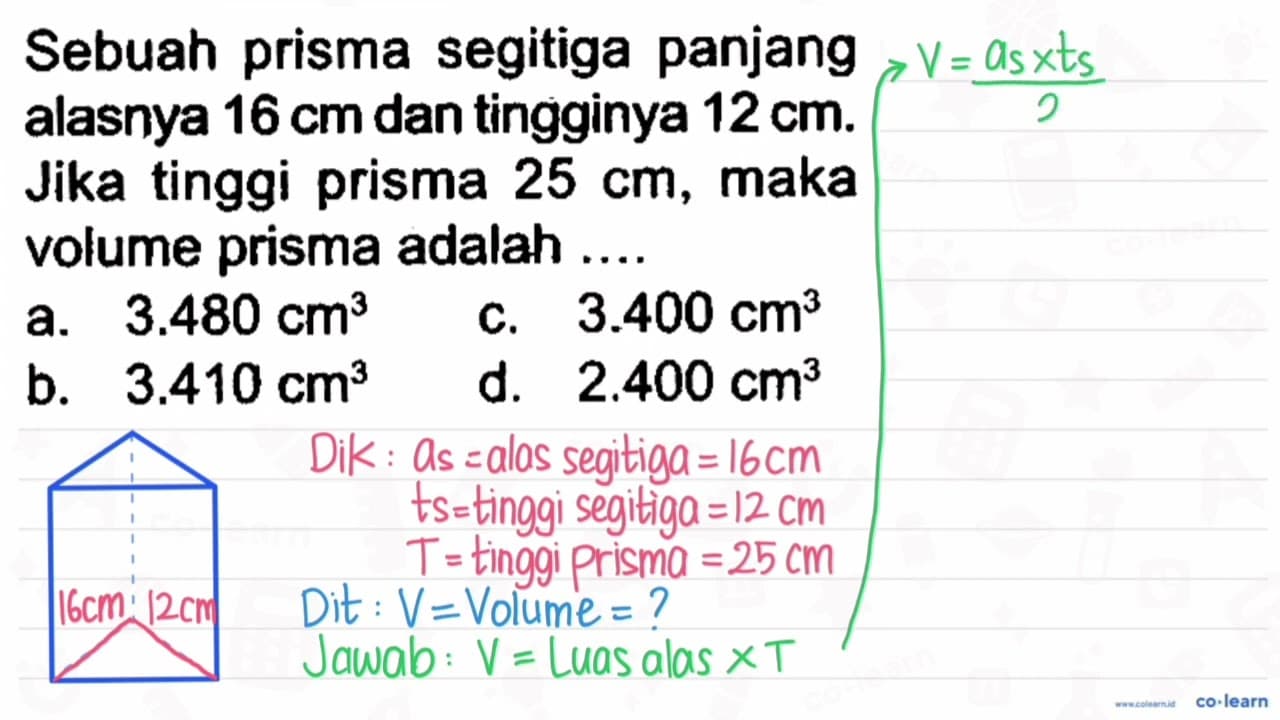 Sebuah prisma segitiga panjang alasnya 16 cm dan tingginya