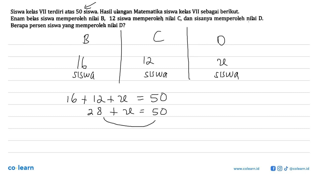 Siswa kels VII terdiri atas 50 siswa. Hasil ulngan