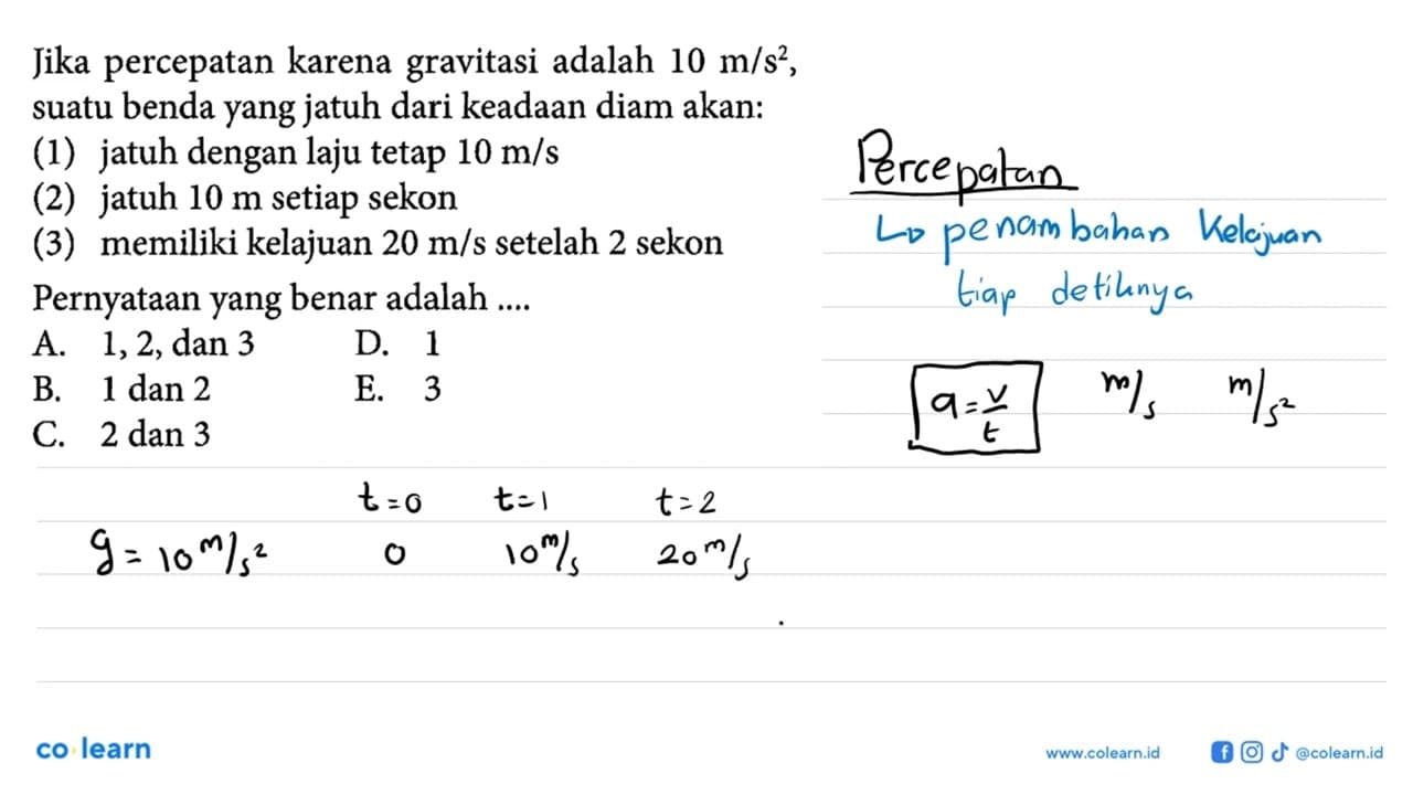 Jika percepatan karena gravitasi adalah 10 m/s^2 , suatu