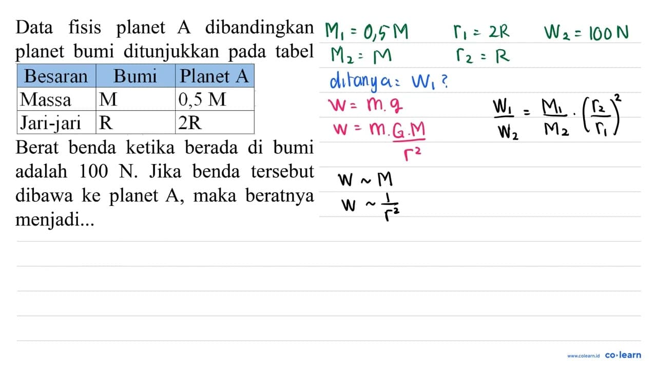 Data fisis planet A dibandingkan planet bumi ditunjukkan