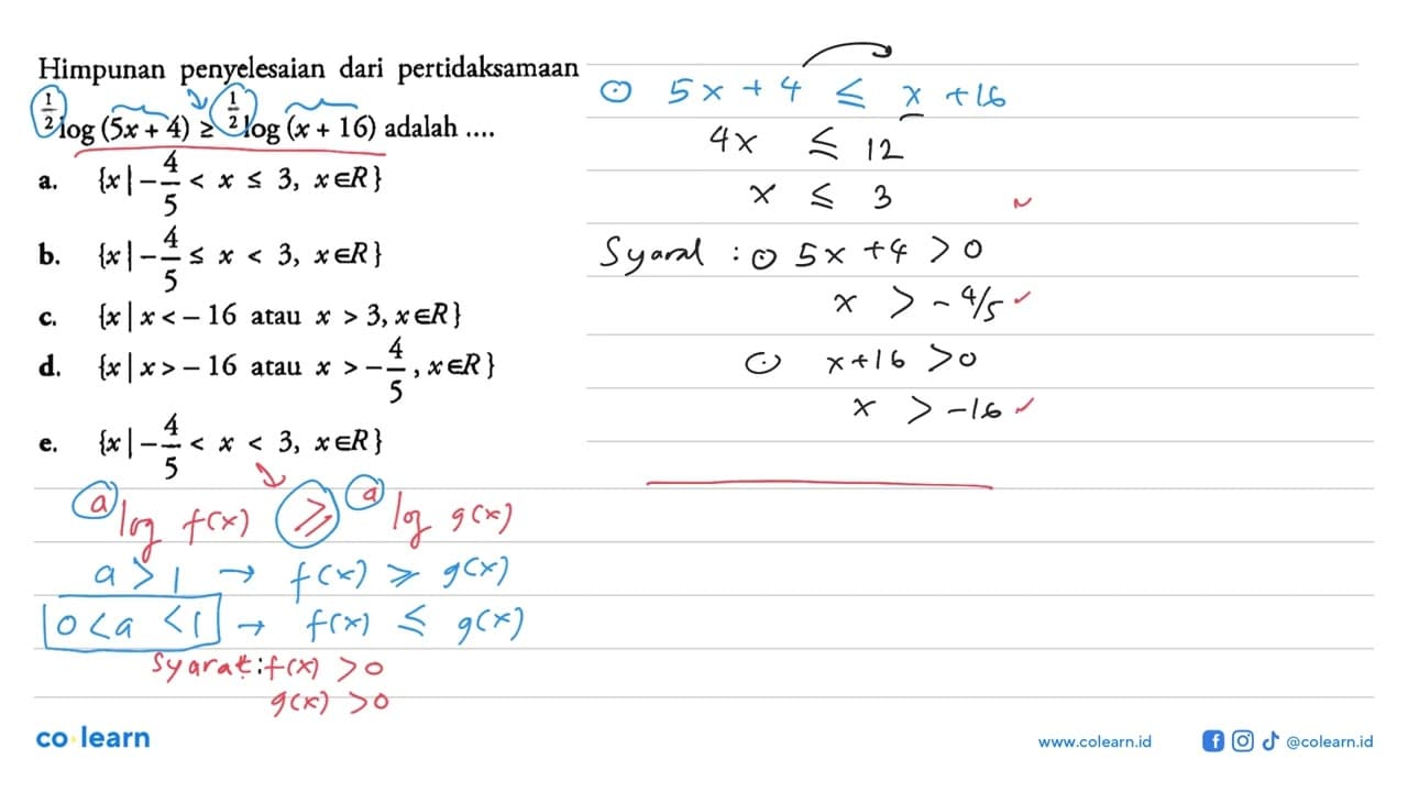 Himpunan penyelesaian dari pertidaksamaan (1/2)log (5x+4)