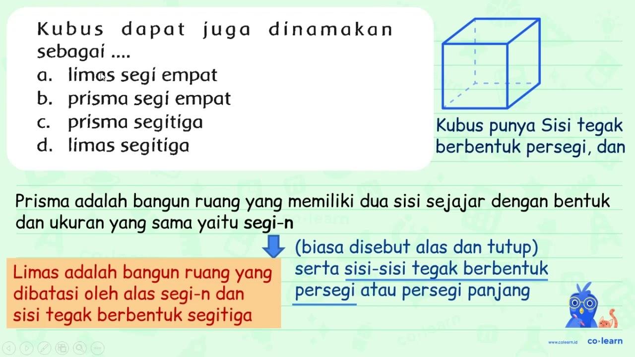 Kubus dapat juga dinamakan sebagai .... a. limas segi empat