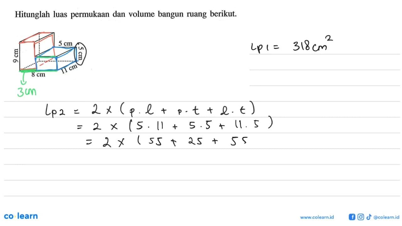 9 cm 8 cm 11 cm 5 cm 5 cm. Hitunglah luas permukaan dan