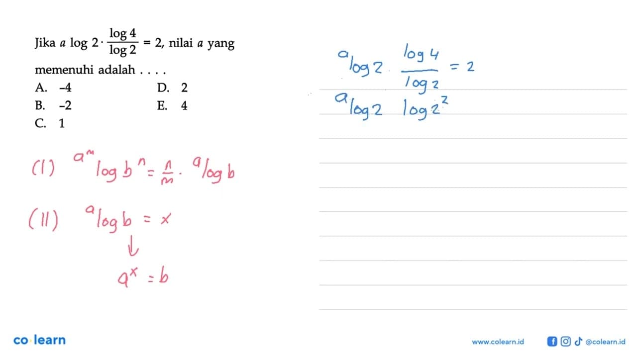 Jika a log2.(log4)/(log2)=2, nilai a yng memenuhi adalah