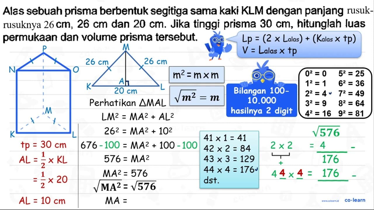 Alas sebuah prisma berbentuk segitiga sama kaki KLM dengan