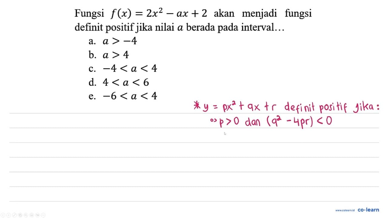 Fungsi f(x)=2x^2-ax+2 akan menjadi fungsi definit positif