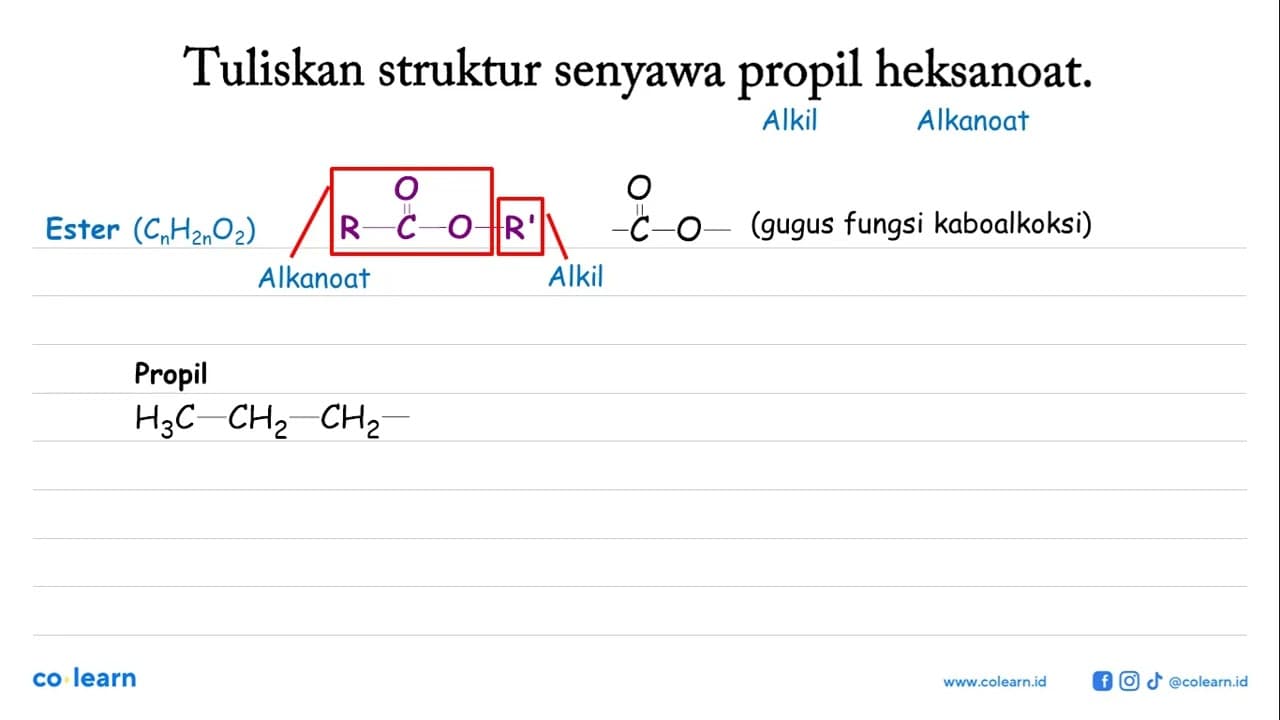 Tuliskan struktur senyawa propil heksanoat.