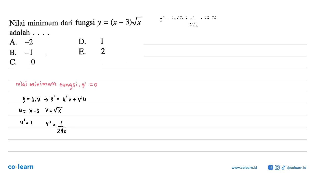 Nilai minimum dari fungsi y=(x-3) akar(x) adalah ....