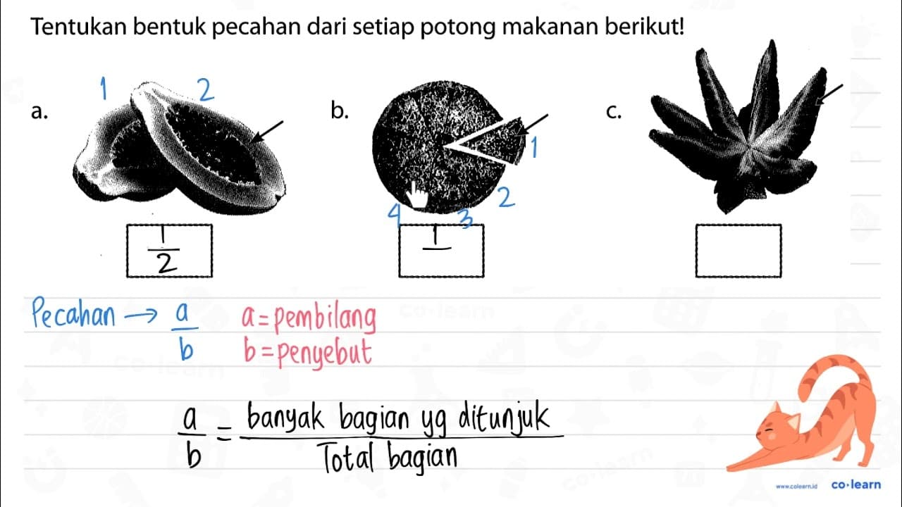 Tentukan bentuk pecahan dari setiap potong makanan berikut!