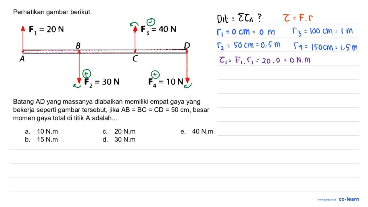 Perhatikan gambar berikut. F1 = 20 N F3 = 40 N B D A C F2 =