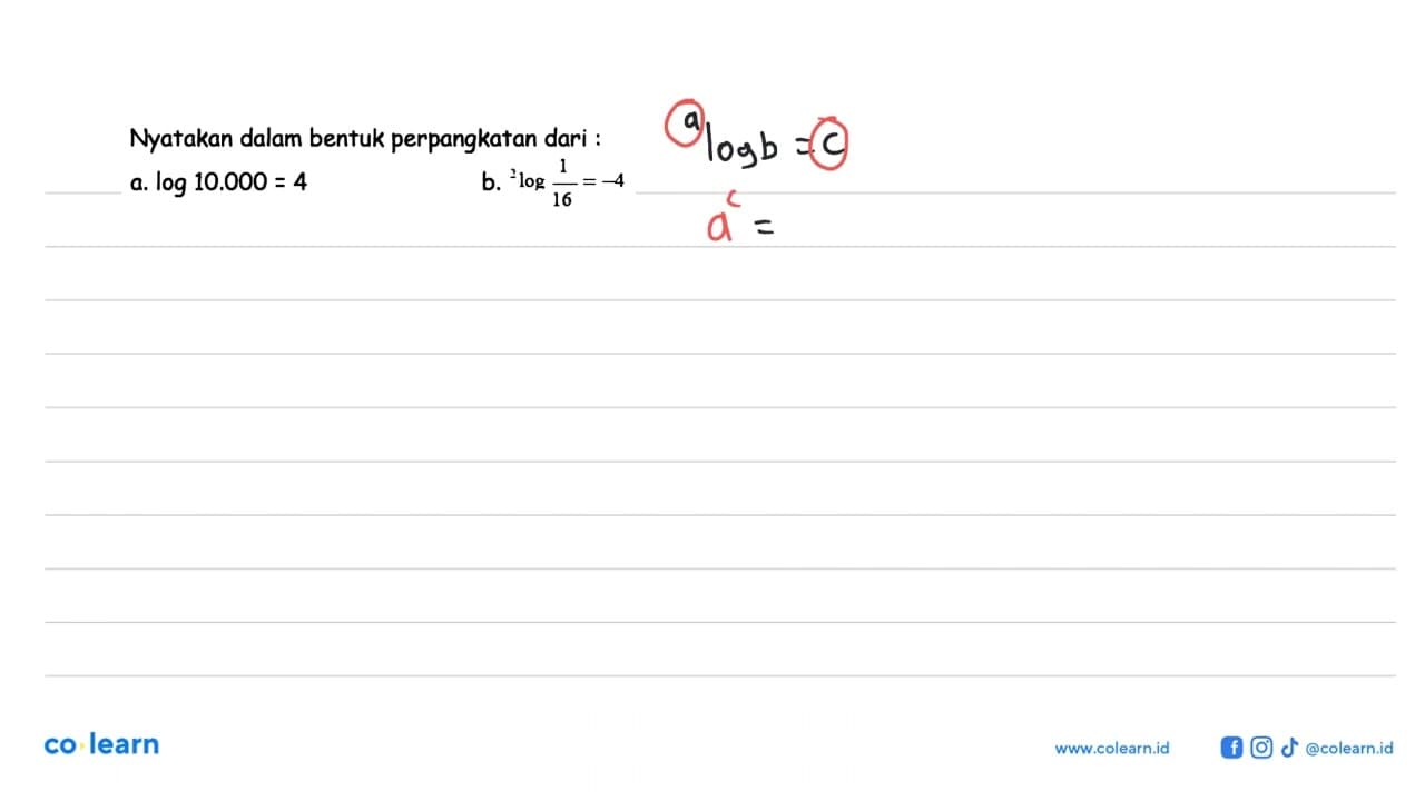 Nyatakan dalam bentuk perpangkatan dari: a. log10.000=4 b.