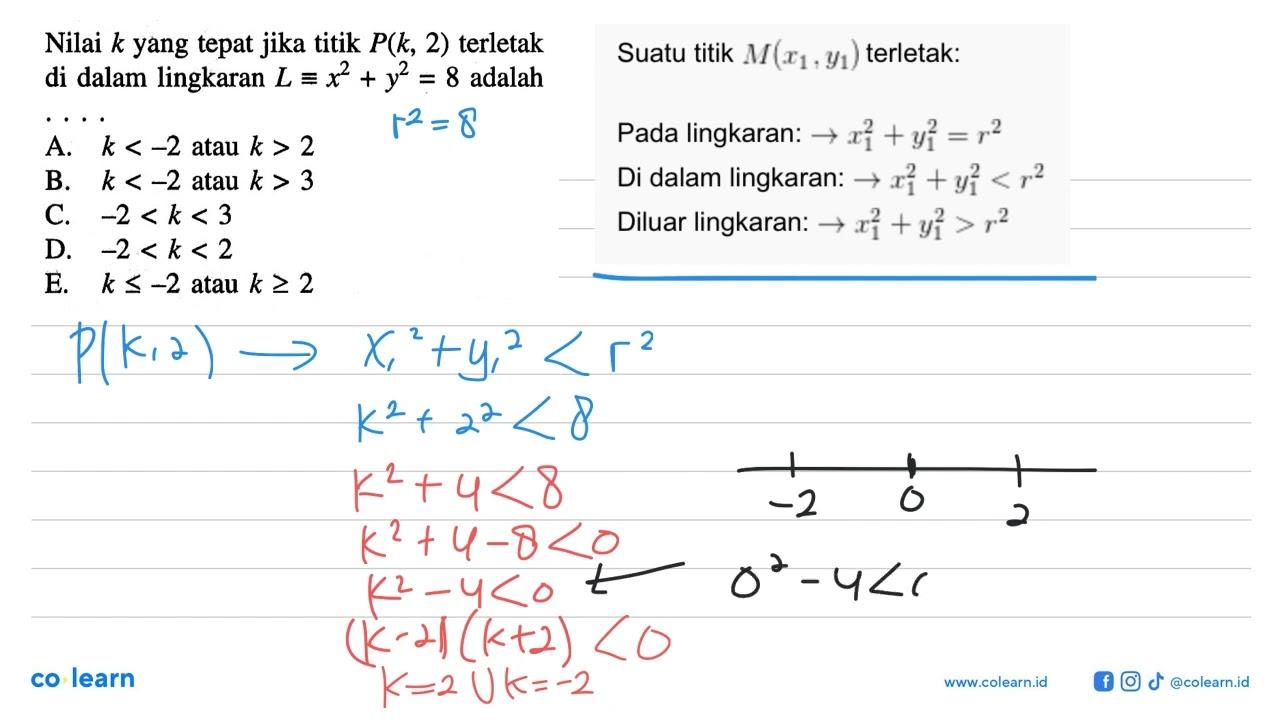 Nilai k yang tepat jika titik P(k,2) terletak di dalam