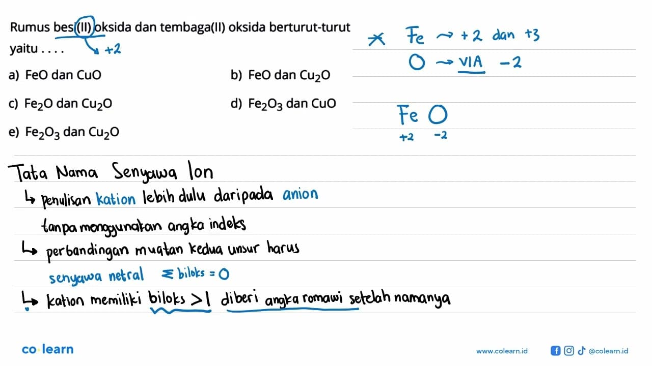 Rumus besi(II) oksida dan tembaga(II) oksida berturut-turut