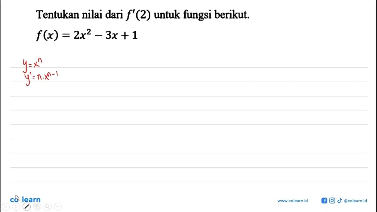 Tentukan nilai dari f'(2) untuk fungsi berikut. f(x) = 2x^2