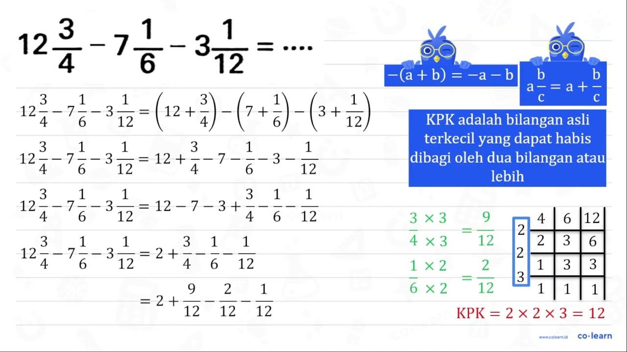 12 (3)/(4)-7 (1)/(6)-3 (1)/(12)=...