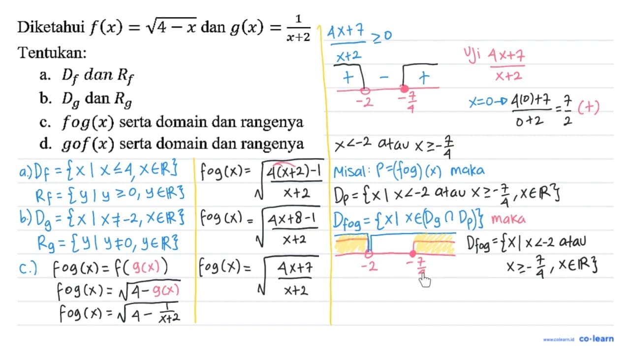 Diketahui f(x)=akar(4-x) dan g(x)=(1)/(x+2) Tentukan: a.