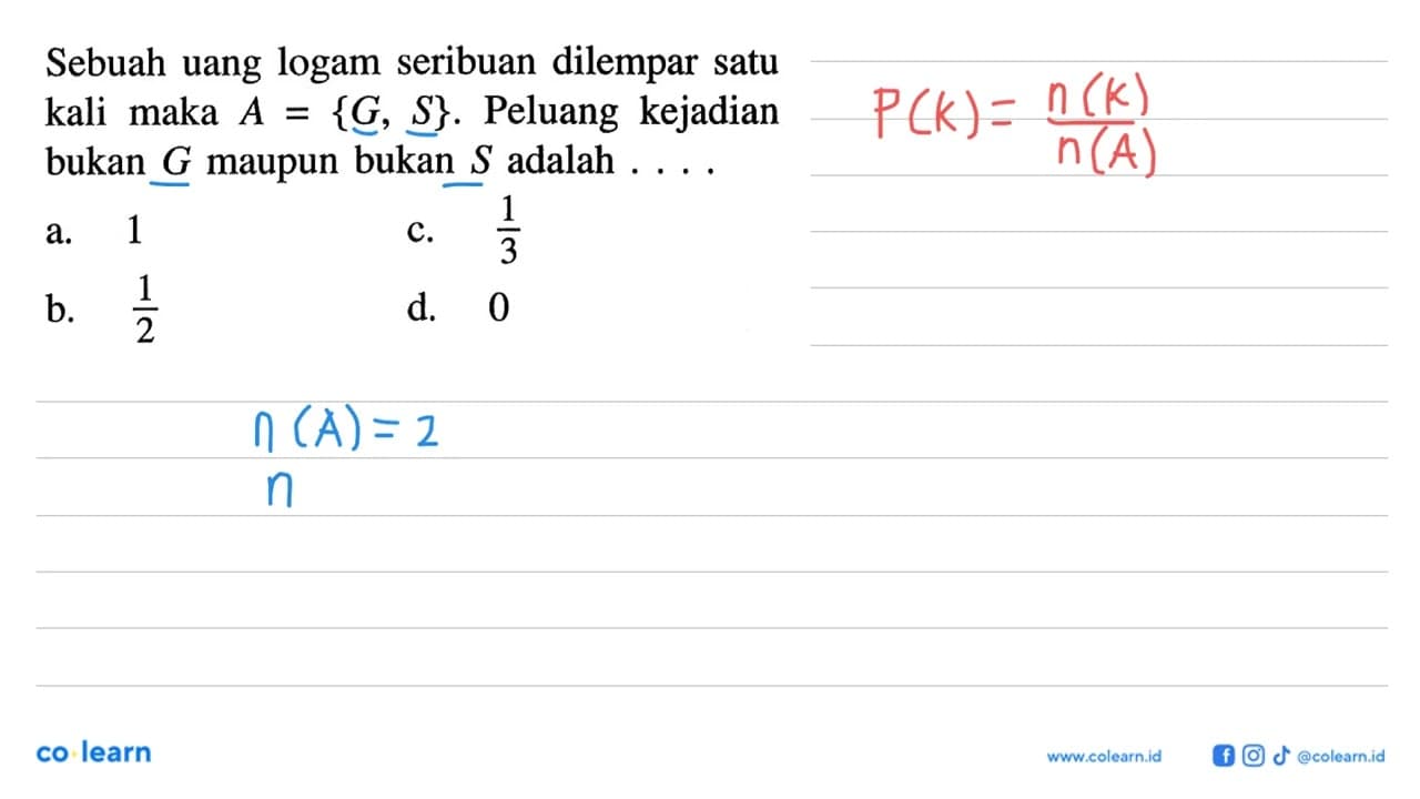 Sebuah uang logam seribuan dilempar satu kali maka A={G,