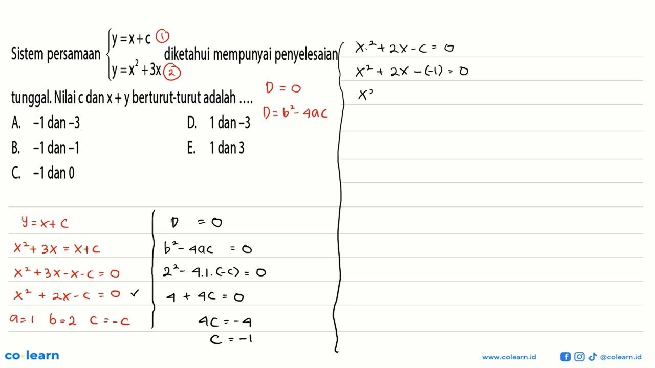 Sistem persamaan y=x+c y=x^2+3x diketahui mempunyai