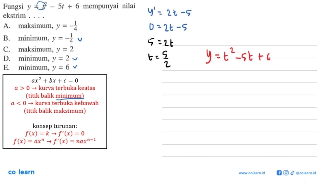 Fungsi y=t^2-5t+6 mempunyai nilai ekstrim ... .