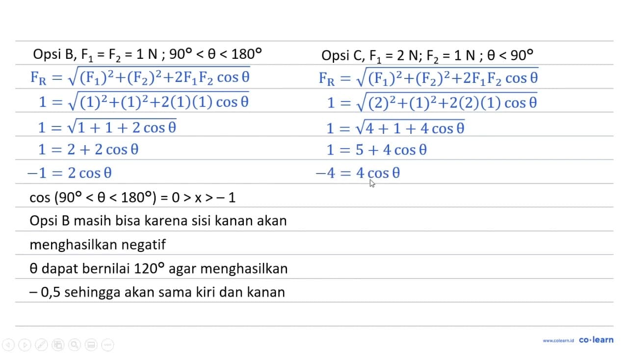 Dua gaya F_(1) dan F_(2) bekerja dengan sudut theta di